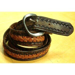 Mens Two Tone Brown Leather Braided Inlaid Belt Size 42 Made in Mexico Vintage